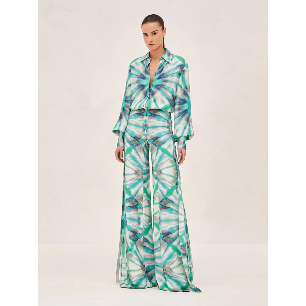 Alexis Andy Pants Green Kaleidoscope Tie Die Eres Button-Up Top Wide Leg Size XS